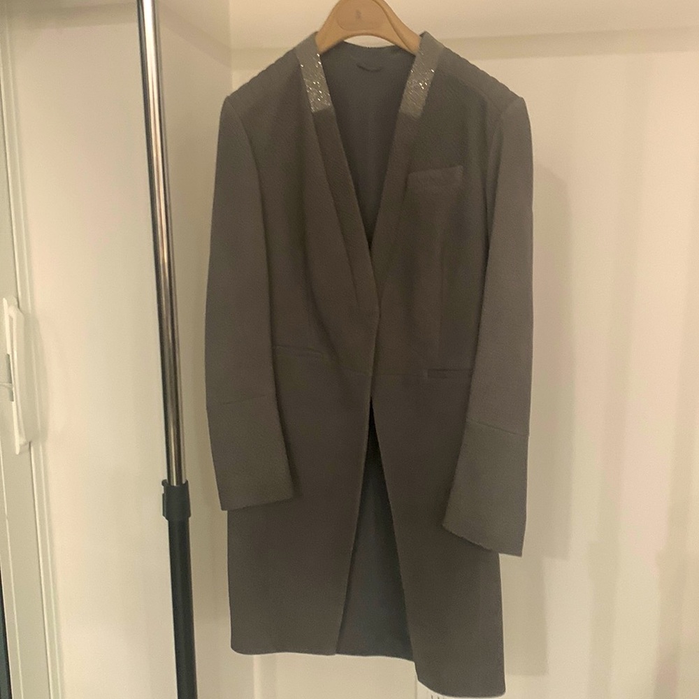 Brunello Cucinelli suede coat with monili trim collar